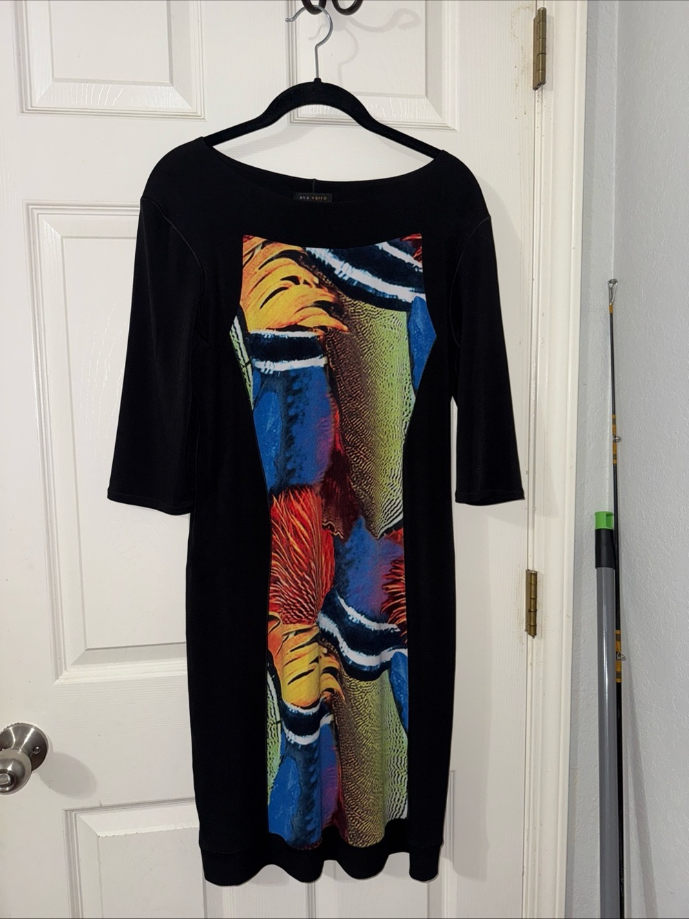 eva varro Black Midi Dress with Multicolor Abstract Panel